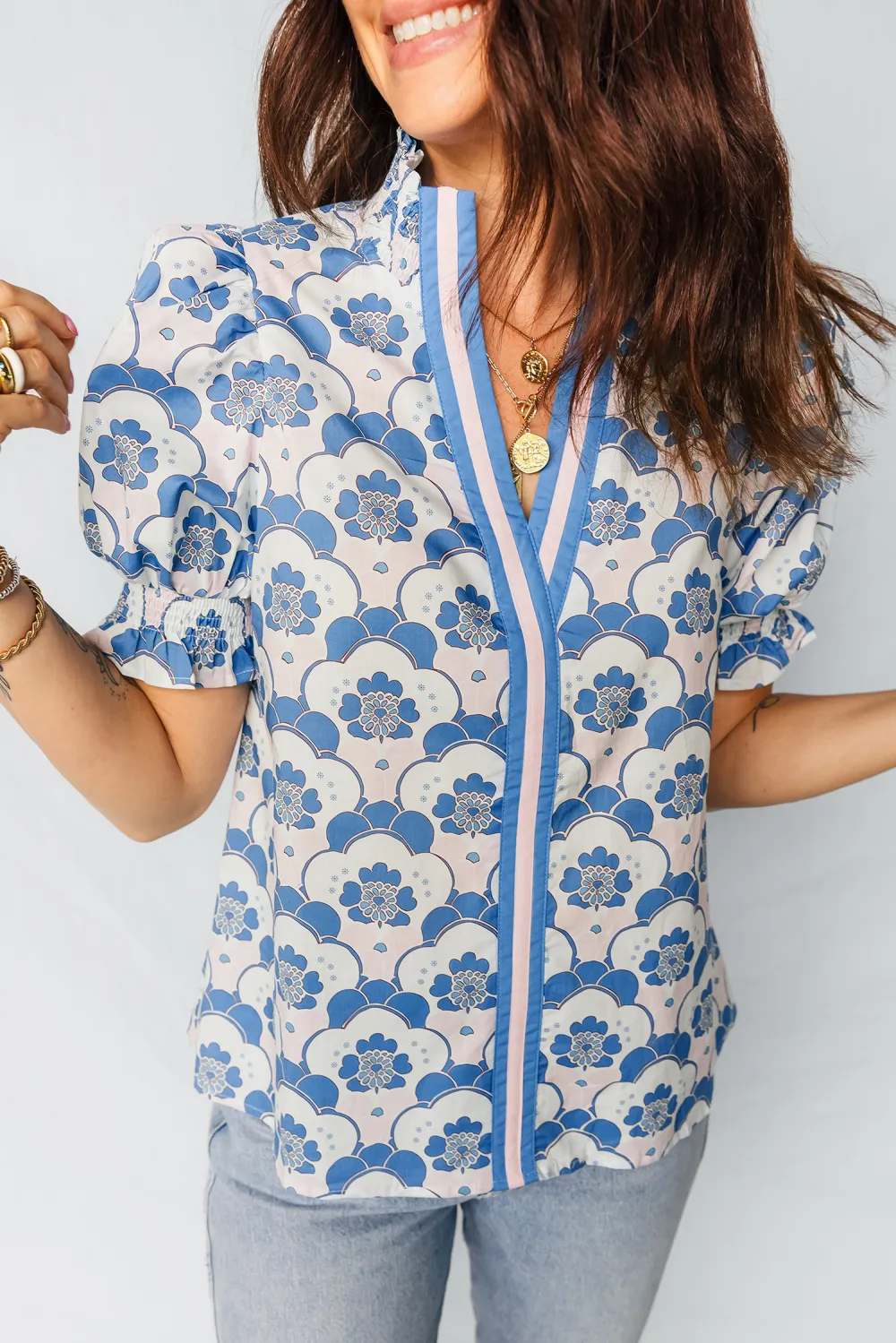 Sky Blue Floral Print Flounced Blouse