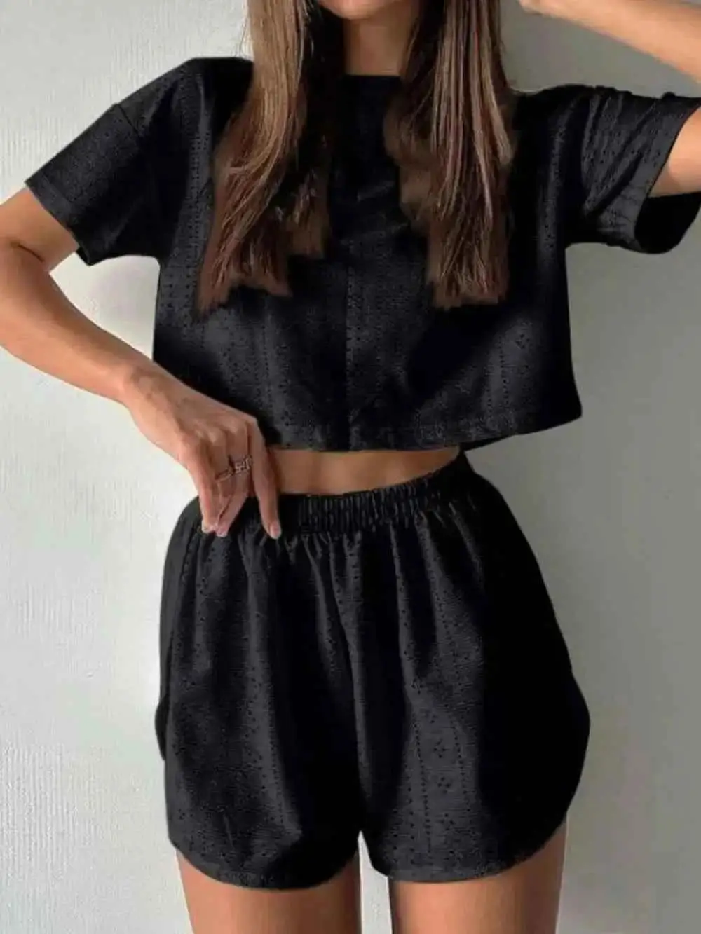 Pull On Eyelet Round Neck Top and Shorts Set