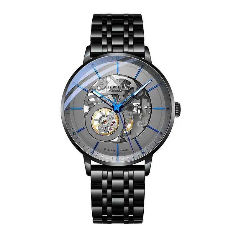 Sollen SL316 Men's Open Heart Full Skeleton Automatic Mechanical Watch - 42mm Stainless Steel Case Slim 9.9mm Acrylic Dial Wristwatch