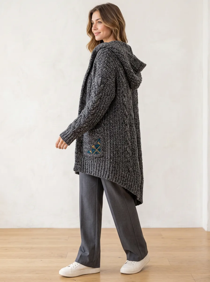 Women's Cable-Knit Open-Front Patch-Pocket Oversized Hooded Cardigan