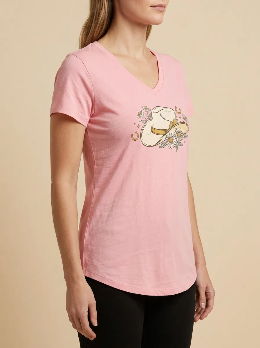 Women's Cowgirl Daisy & Horseshoe Graphic V-Neck T-Shirt