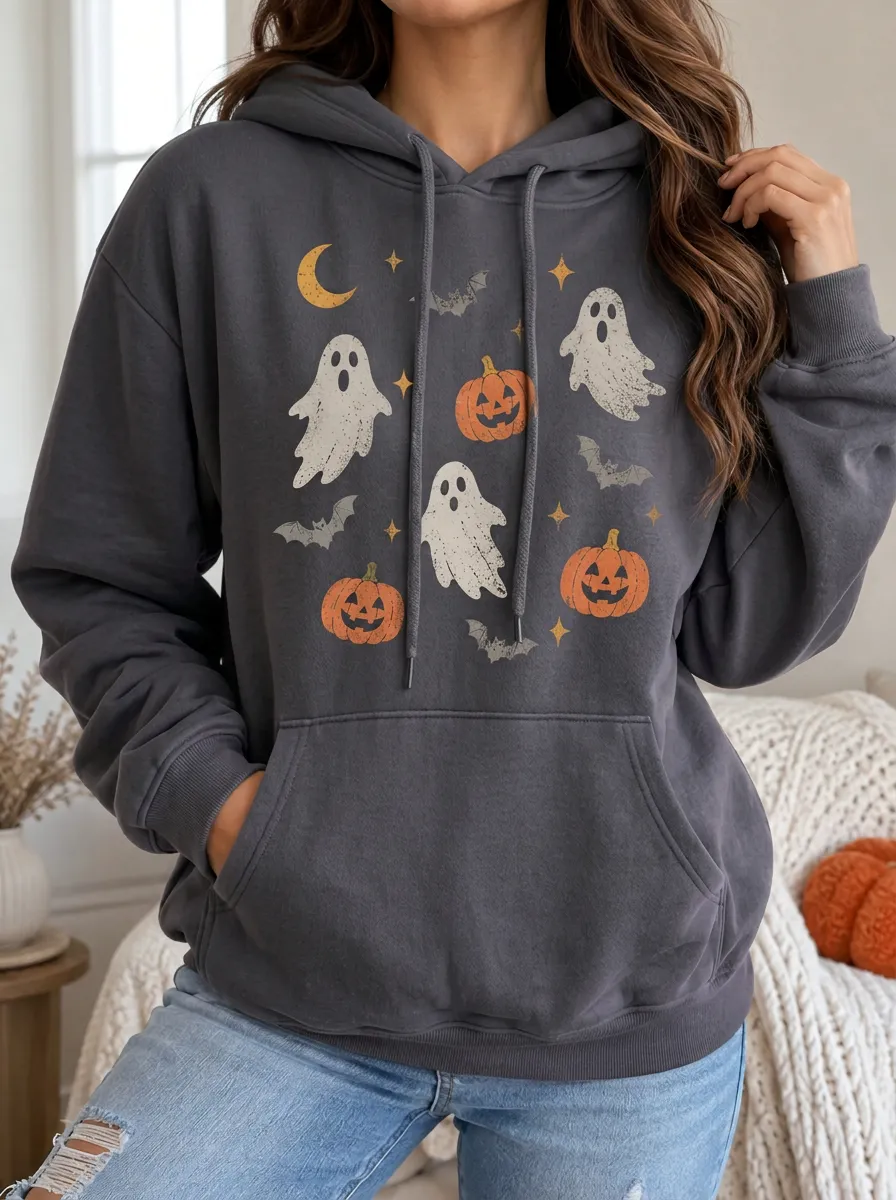 Women's Halloween Ghost Pumpkin Bat Seasonal Pullover Hoodie