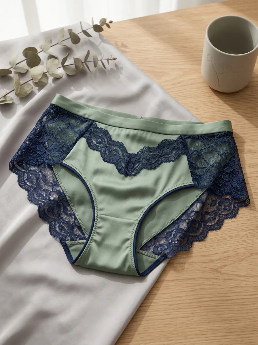 Women's Sage Green Lace Trimmed Mid-Waist Briefs