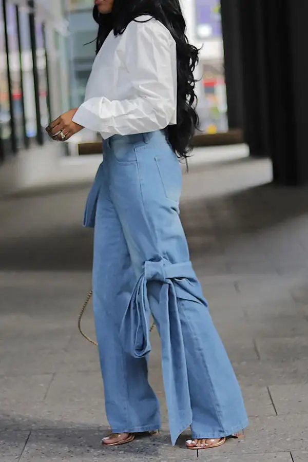 High Waist Washed Gradient Bow-Detail Jeans