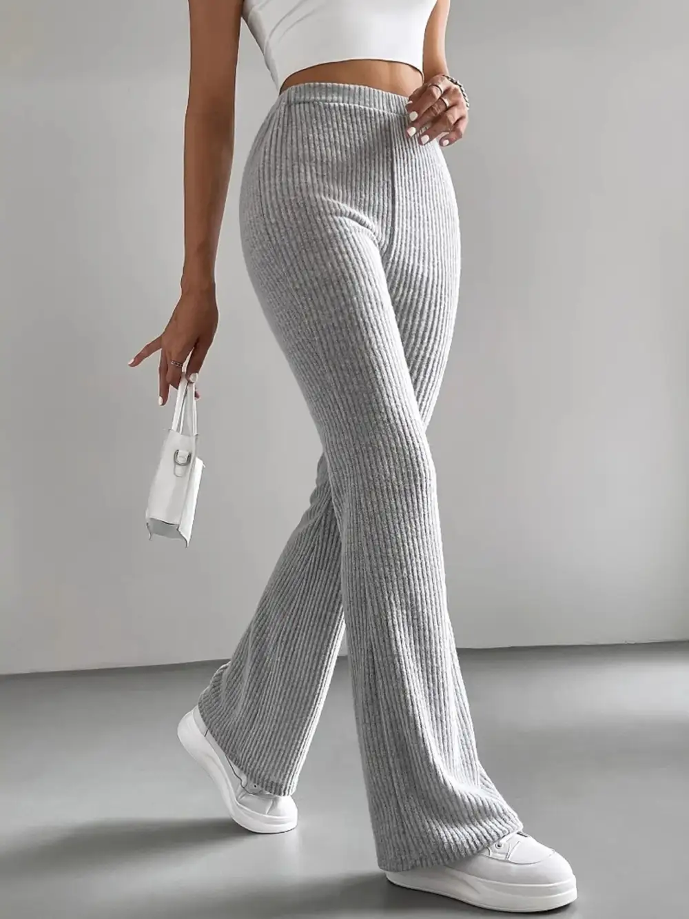 Classic Ribbed Knit High Waist Flare Pants