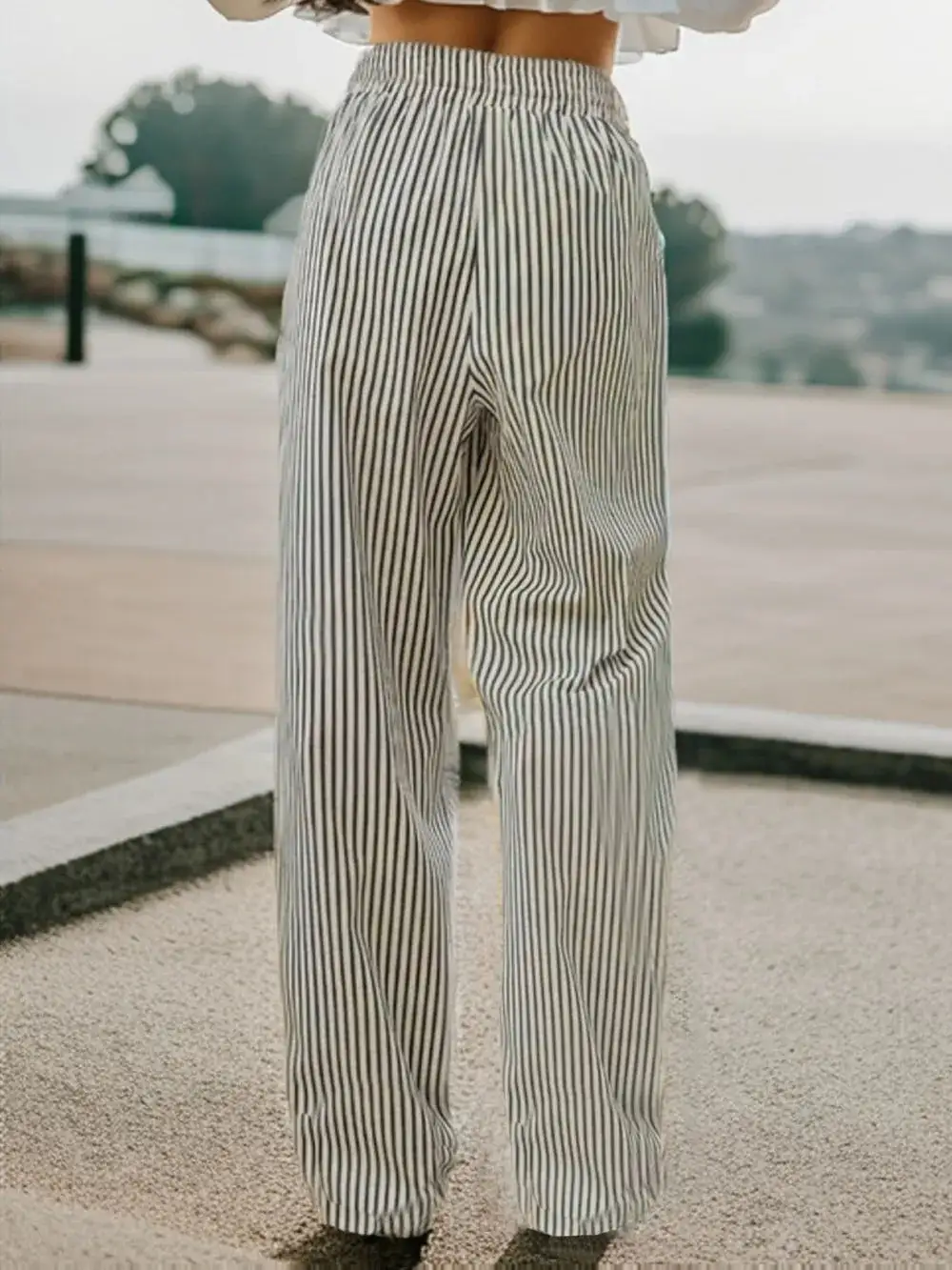 Drawstring Elastic Waist Striped Pocketed Pants