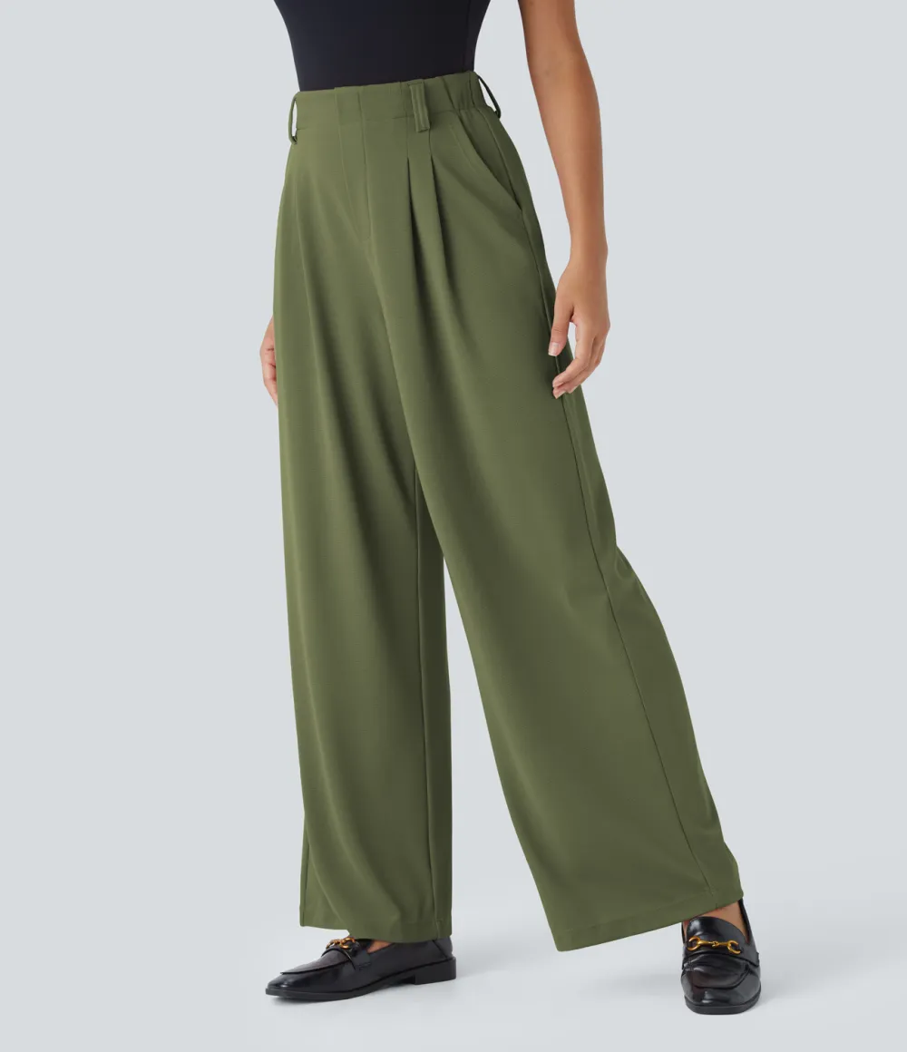  High Waisted Plicated Side Pocket Wide Leg Waffle Work Pants