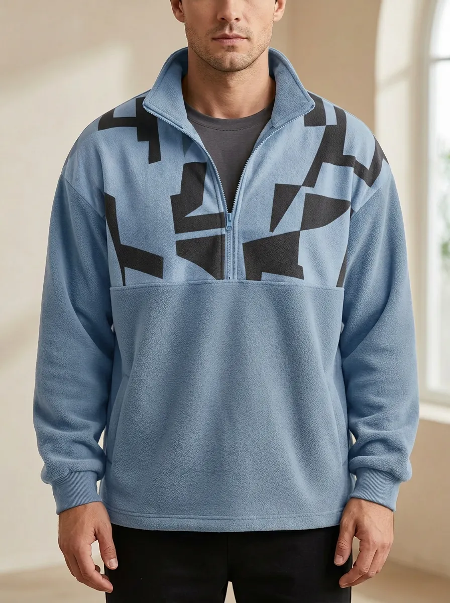Casual Half-Zip Fleece Geometric Men's Half-Zip Sweatshirt