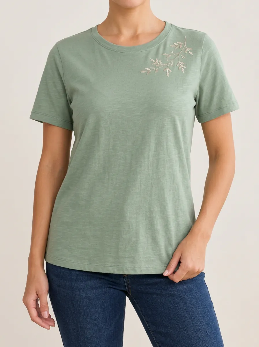 Easygoing Embroidered Detail Ribbed Texture Women's Short Sleeve Tee