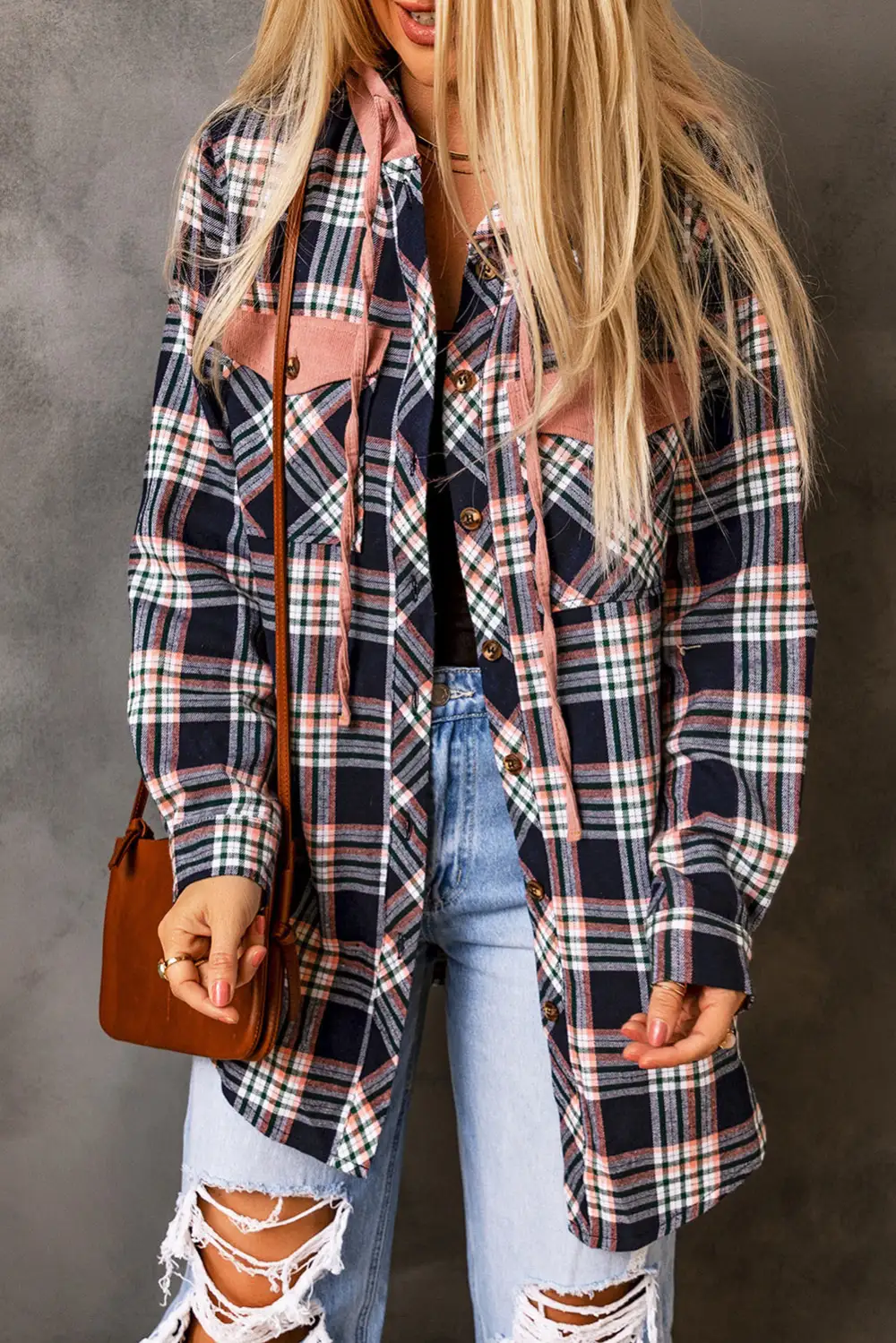 Contrast Hooded Drawstring Plaid Shirt Jacket