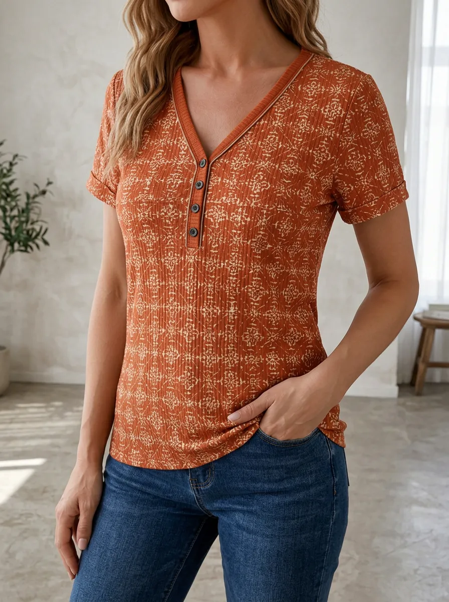 Women's Boho Floral Pattern Printed Henley Neck Top
