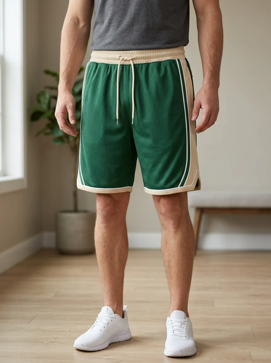 Men's Athletic Green Mesh Contrast Trim Basketball Shorts