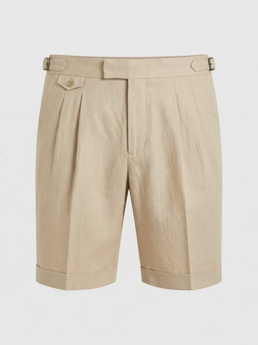 Men's Casual Beige Pleated Linen Side-Buckle Shorts