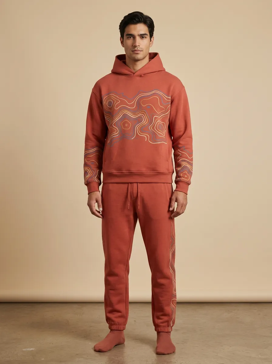 Men's Outdoor Adventure Topographic Printed Hoodie Sweatpants Set
