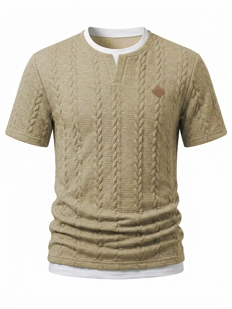 Cable Knit Faux Two-Piece Short Sleeve T-Shirt Two Set