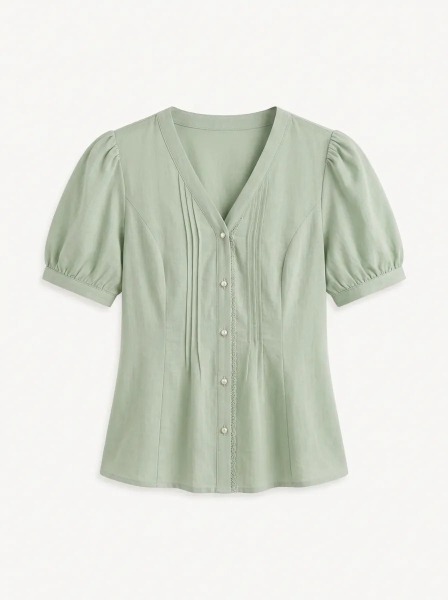Women's Sage Green Pleated Puff Sleeve Button Down Blouse
