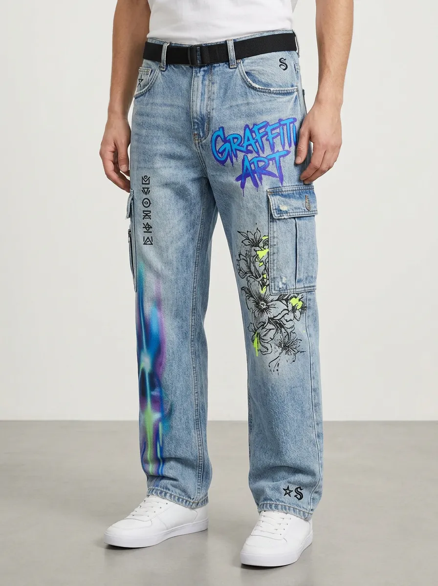 Men's Streetwear Graffiti Art Floral Graphic Cargo Jeans