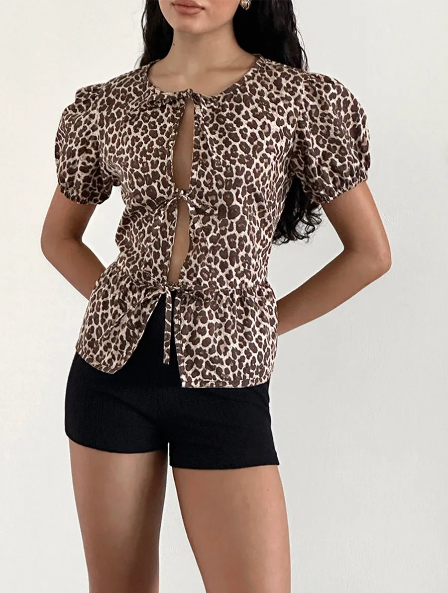 Leopard Sandstorm Tie Front Blouse