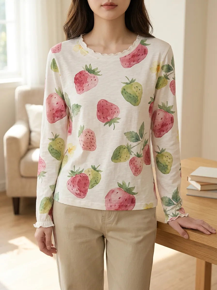 Women's Sweet Style Strawberry Watercolor Printed Long Sleeve T-shirt