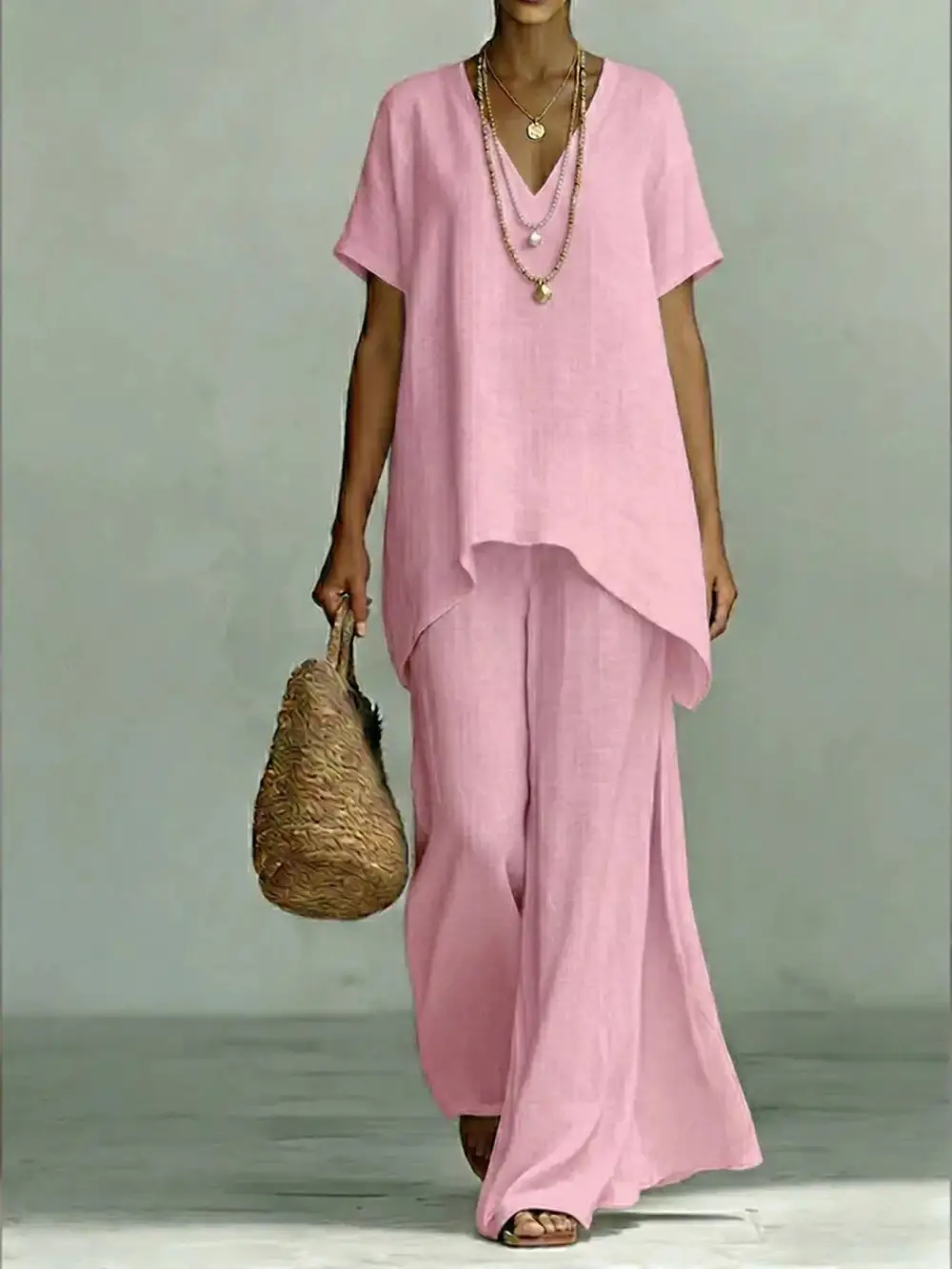 Full Size V Neck Top and Wide Leg Pants