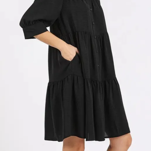 Button Detail Collared Neck Tiered Shirt Dress