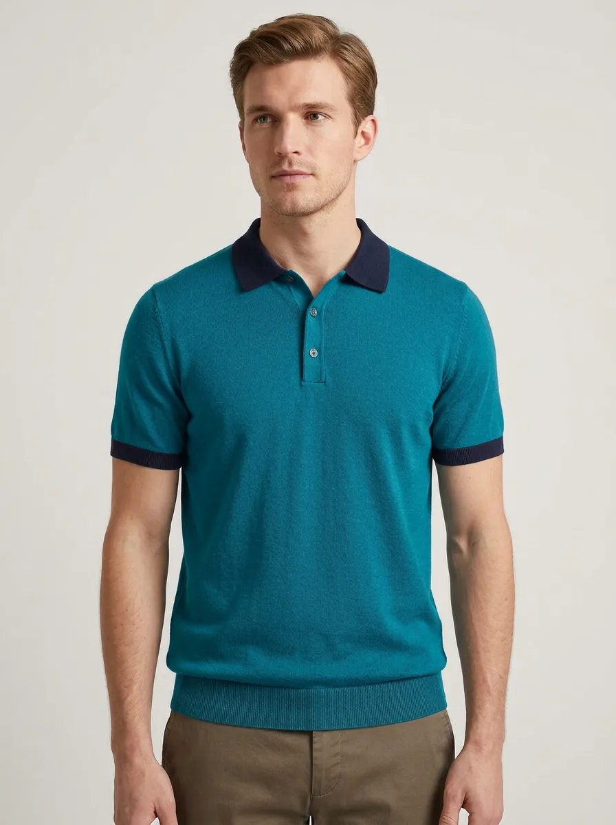 Men's Grey Navy Contrast Trim Knit Polo Shirt
