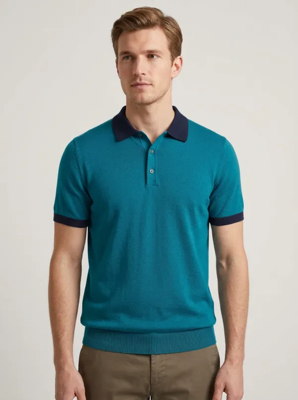 Men's Grey Navy Contrast Trim Knit Polo Shirt
