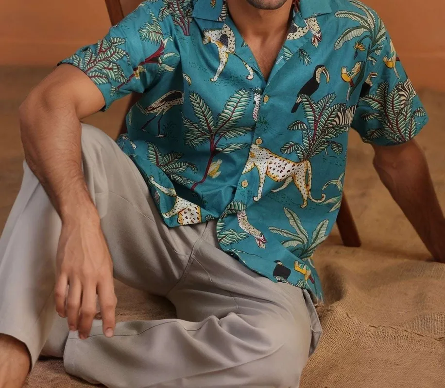 Turquoise Jungle Print Mulmul Cotton Camp Collar Shirt