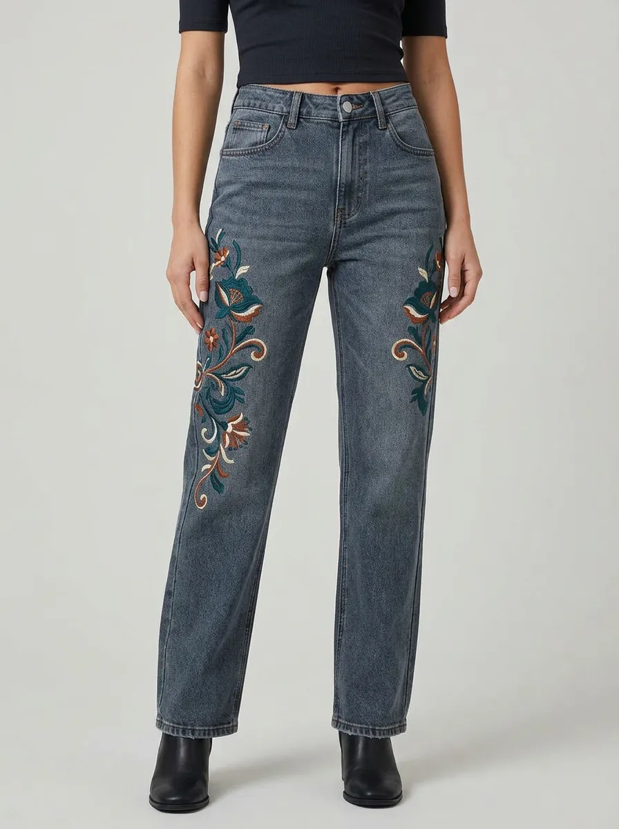 Women's Grey Cactus Floral Embroidered High-Rise Straight Leg Jeans