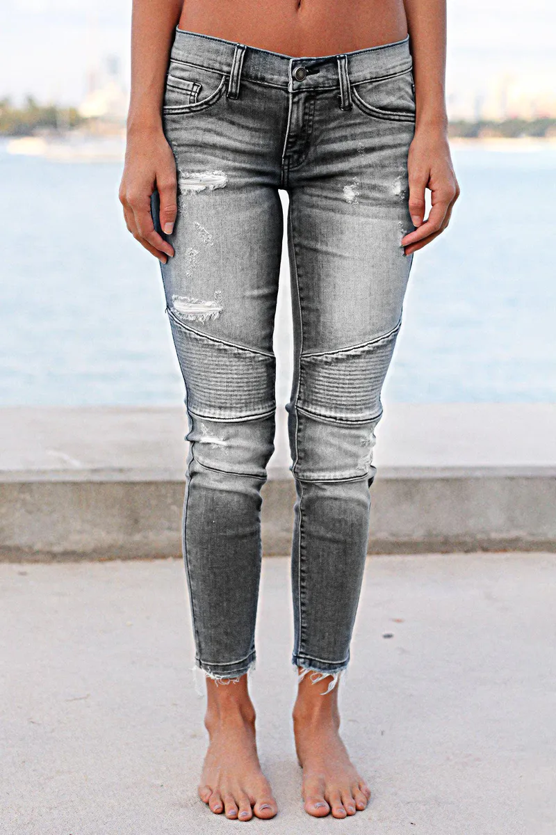 Ripped Raw Hem Low Rise Skinny Moto Jeans