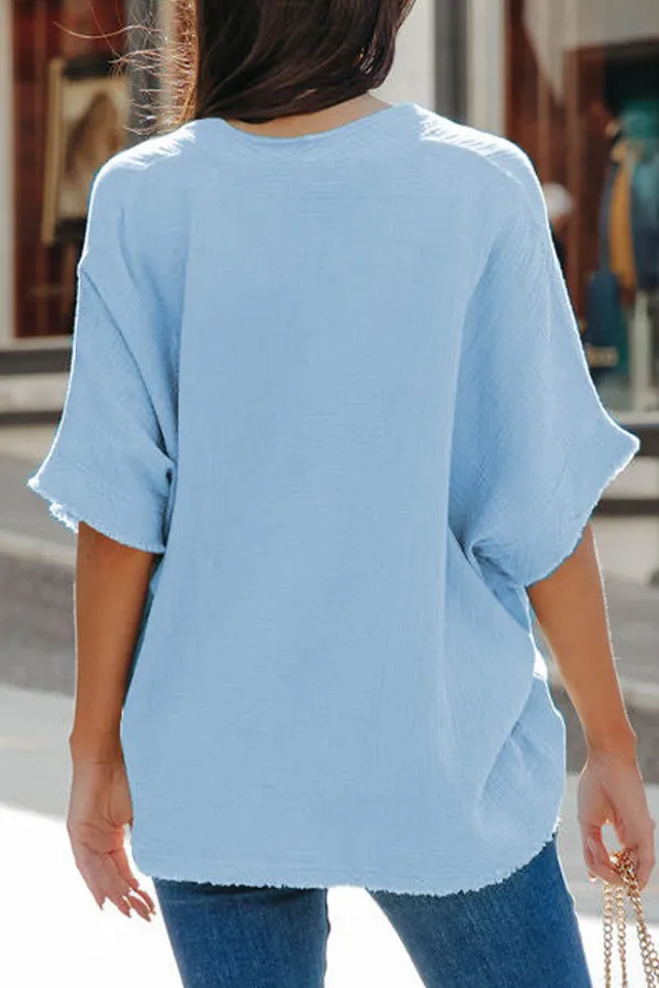 Sky Blue Frayed Batwing Sleeve Blouse