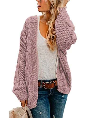 Womens Open Front Long Sleeve Chunky Knit Cardigan Sweaters Loose Outwear Coat