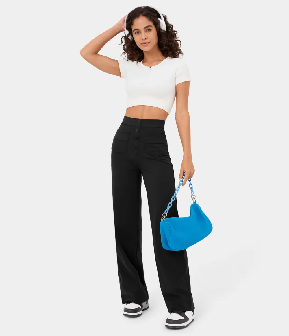 High Waisted Button Multiple Pockets Straight Leg Casual Pants