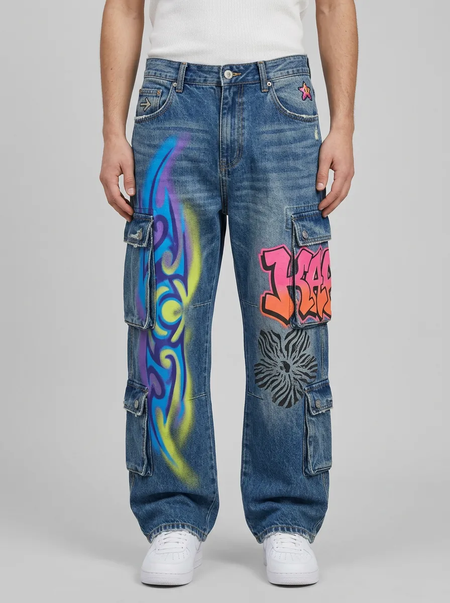 Men's Graffiti Tribal Print Denim Cargo Jeans