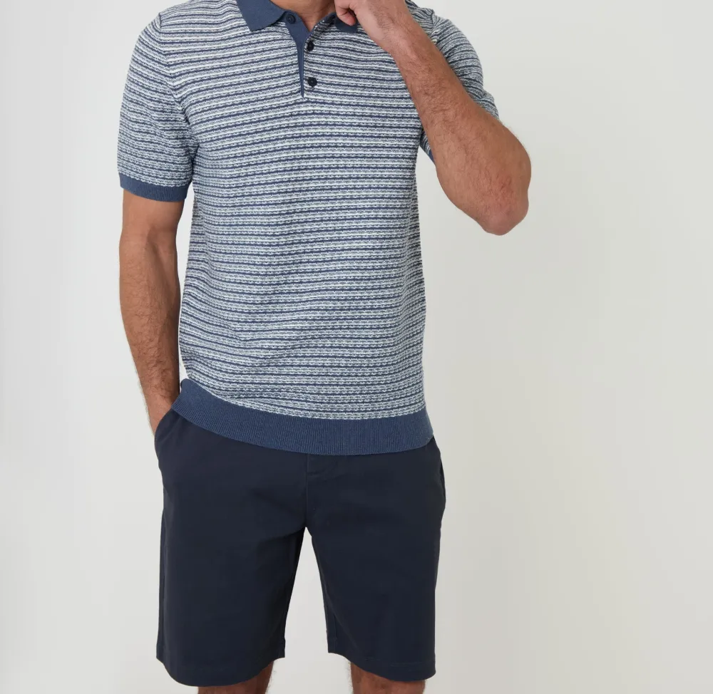 Men's Denim Blue Textured Stripe Knitted Polo