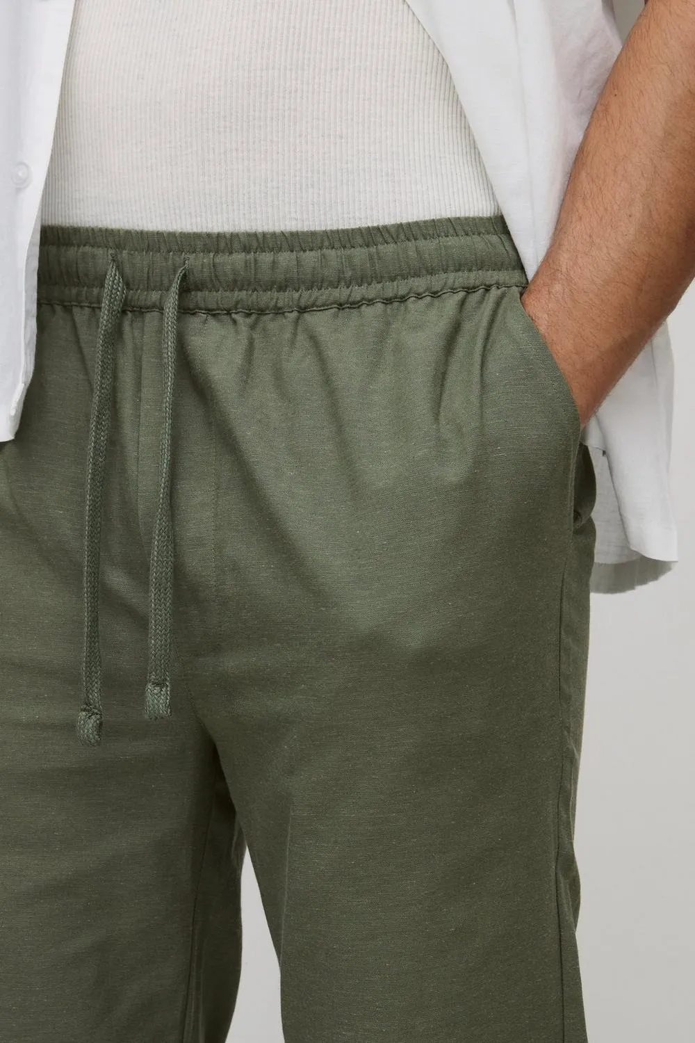 Elasticated Waist Slim Fit Cropped Linen Blend Pants Daily Casual Style