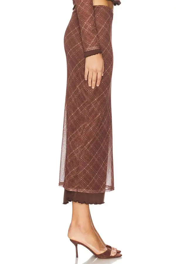 Women's Brown Plaid Knit Mermaid Midi Skirt