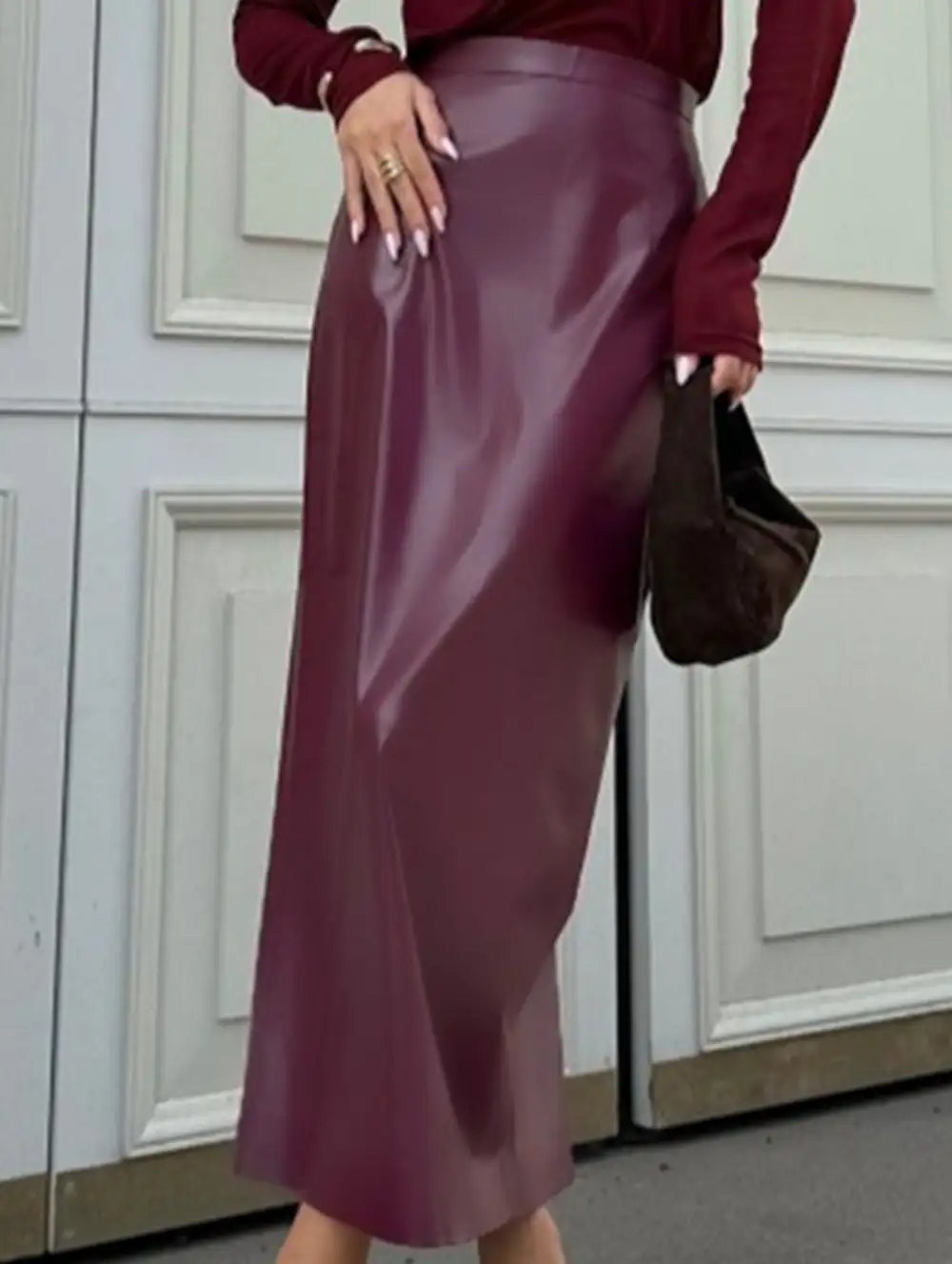 Leather Look Pencil Slit Midi Skirt