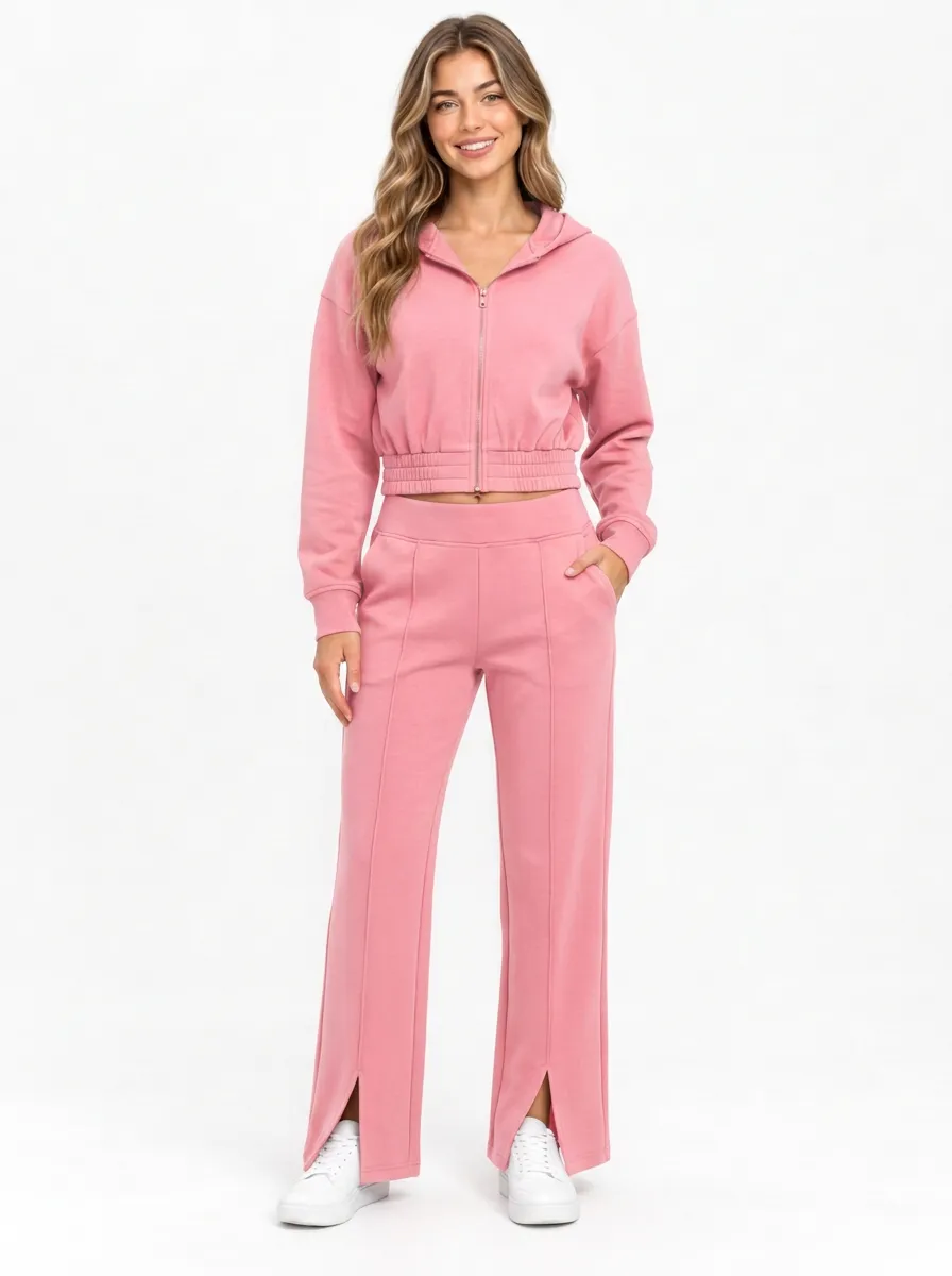 Women's Casual Burgundy Solid Color Zip-up Hoodie and Split Hem Pants Set