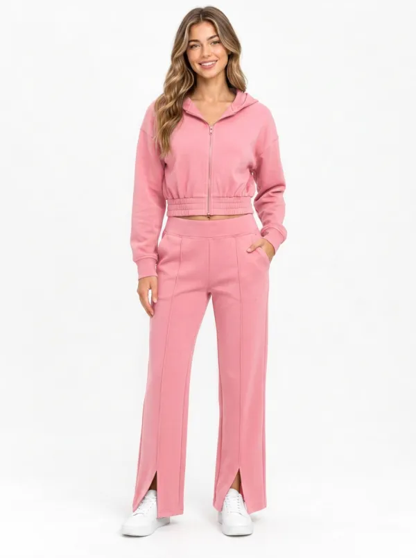 Women's Casual Burgundy Solid Color Zip-up Hoodie and Split Hem Pants Set