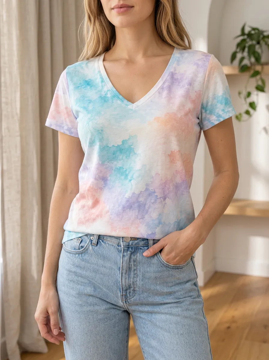 Women's Relaxed Pastel Watercolor Tie-Dye V-Neck T-Shirt