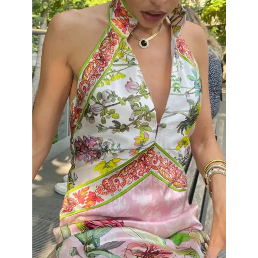 Printed Halter Neck Backless Maxi Dress