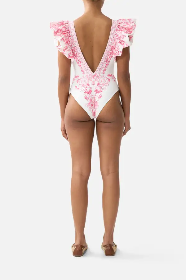Plunge One-Piece Swimsuit with Pleated Ruffle Sleeves