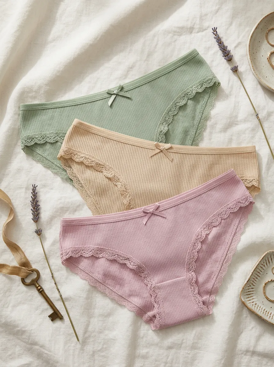 Women's Lace Trim Bow Detail Rib Texture 3-Piece Panty Set