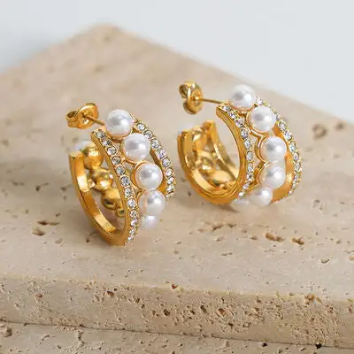 Pearl C Hoop Drop Earrings