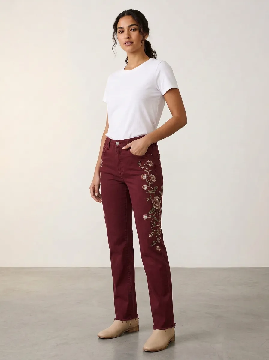 Women's Medium Wash Cactus Floral Embroidered Mid-Rise Five-Pocket Straight Leg Jeans
