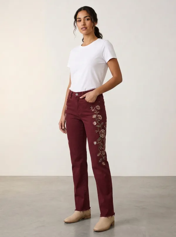 Women's Medium Wash Cactus Floral Embroidered Mid-Rise Five-Pocket Straight Leg Jeans
