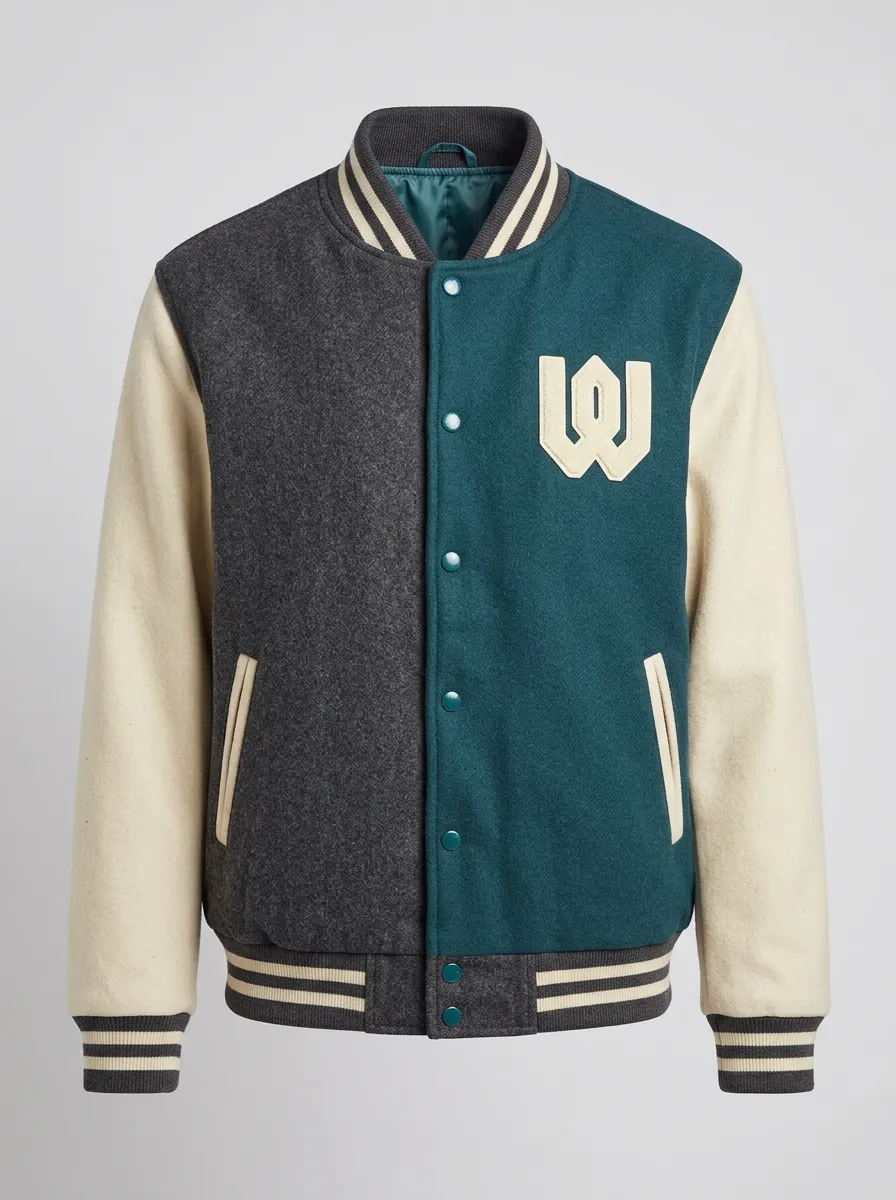Men's Letter W Colorblock Wool Baseball Jacket