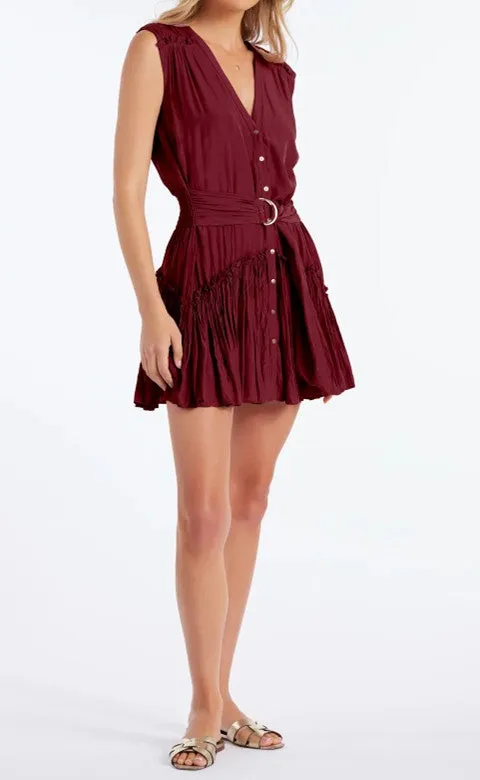 Burgundy Belted Pleated Mini Dress