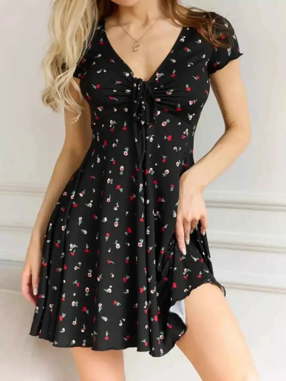 Plus Size Tie Front V-Neck Mini Dress